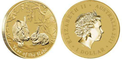 Австралия 1 доллар 2011 серия лунный календарь, год кролика KM 1661 алюминиевая бронза UNC M40-06