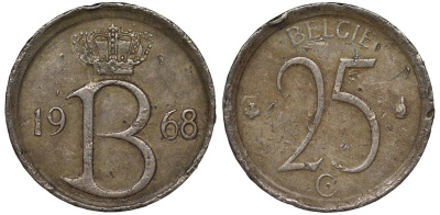 Бельгия 25 сантимов 1968 Belgie, Бодуэн I (1951-1993) KM 154.1 медно-никель 4124-539