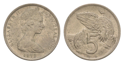 Новая Зеландия 5 центов 1972 Елизавета II (1952-2022), ящерица гаттерия KM 34.1 медно-никель 4655-1154