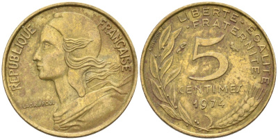 Франция 5 сантимов 1974 KM 933 медь алюминий никель 4585-815