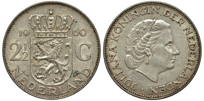 Нидерланды 2 1/2 гульдена 1960 Юлиана (1948-1980) KM 185 серебро 443-1122