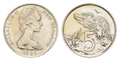 Новая Зеландия 5 центов 1983 Елизавета II (1952-2022), ящерица гаттерия, тираж 25.000 экземпляров KM 34 медно-никель BU 4651-217
