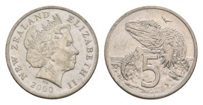 Новая Зеландия 5 центов 2000 Елизавета II (1952-2022), ящерица гаттерия KM 116 медно-никель 4588-438