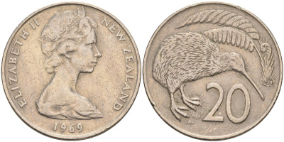 Новая Зеландия 20 центов 1969 Елизавета II (1952-2022), птичка киви KM 36.1 медно-никель 4131-1124