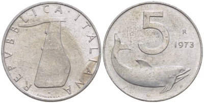 ИТАЛИЯ 5 ЛИР 1973 R, ДЕЛЬФИН, РУЛЬ KM 92 алюминий 4551-126