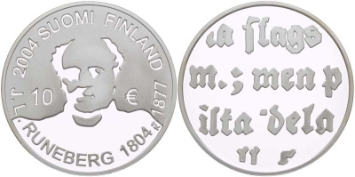 Финляндия 10 евро 2004 200 лет со дня рождения Йохана Людвига Рунеберга, поэт KM 115 серебро  PROOF 1085-9-44