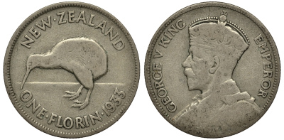 Новая Зеландия 1 флорин 1933 Георг V (1910-1936), птичка киви KM 4 серебро 272-1223