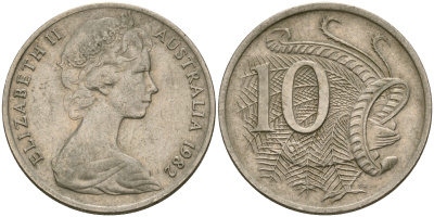 Австралия 10 центов 1982 Елизавета II (1952-), птица лирахвост KM 65 медно-никель 4364-2012