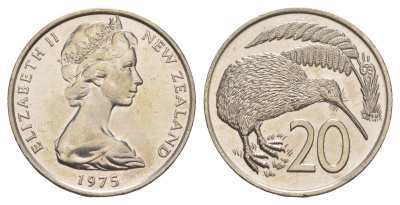 Новая Зеландия 20 центов 1975 Елизавета II (1952-2022), птичка киви KM 36 медно-никель UNC 4683-116