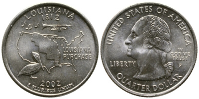США 25 центов = квотер 2002 Р, серия штаты США, Луизиана KM 333 медь плакированная медно-никелем 56-446