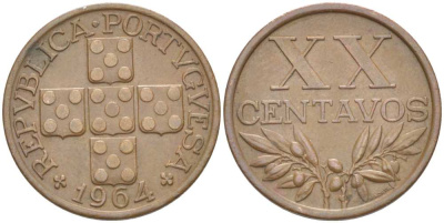 ПОРТУГАЛИЯ 20 СЕНТАВО 1964 KM 584 бронза 4513-1241