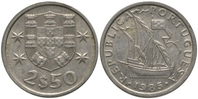 Португалия 2,5 эскудо 1985 парусник KM 590 медно-никель 186-1247