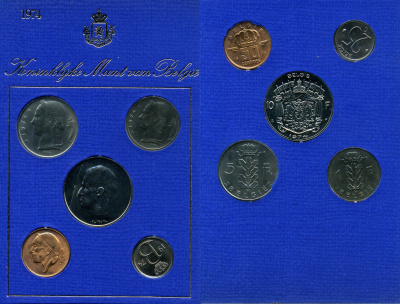 Бельгия набор из 5 монет (25 и 50 сантимов; 1, 5 и 10 франков) 1974 Belgie, в оригинальном буклете мондвора KM SS9 (135.1, 143.1, 149.1, 154.1 и 156.1) UNC 8-2-05-85