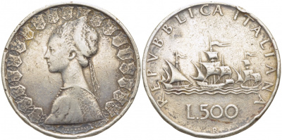 Италия 500 лир 1958 R, корабли Колумба KM 98 серебро 109-831