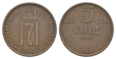 Норвегия 5 эре 1951 Хокон VII (1905-1957) KM 368 бронза 4635-542