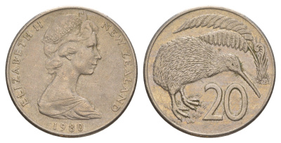 Новая Зеландия 20 центов 1980 Елизавета II (1952-2022), птичка киви KM 36.1 медно-никель 4182-1153