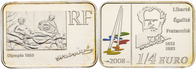 Франция 1/4 евро 2008 художник Эдуард Мане, цветная эмаль, в оригинальной коробке, с сертификатом KM 1570 серебро BUNC 4-3-5-08