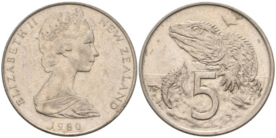 Новая Зеландия 5 центов 1980 Елизавета II (1952-2022), ящерица гаттерия KM 34.1 медно-никель 4594-1053