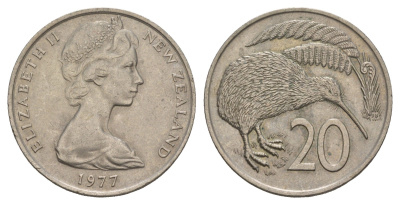 Новая Зеландия 20 центов 1977 Елизавета II (1952-2022), птичка киви KM 36.1 медно-никель 4653-442