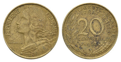Франция 20 сантимов 1963 KM 930 алюминиевая бронза 4673-1111