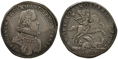 Мантуя 1 дукатон 1622 Фердинандо Гонзага, Святой Георгий на коне Dav. 3868, Bignotti 24 серебро 10-005-55