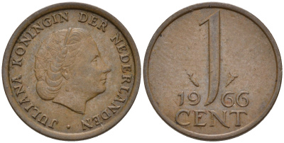 Нидерланды 1 цент 1966 Юлиана (1948-1980), большая дата КМ 180 бронза    4602-459