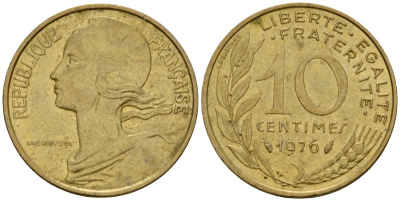 Франция 10 сантимов 1976 тип Marianne KM 929 алюминиевая бронза 4391-136