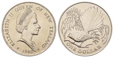 Новая Зеландия 1 доллар 1980 Птицы Новой Зеландии - Веерохвостка KM 49 медно-никель BU 4537-914