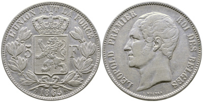 Бельгия 5 франков 1865 Леопольд I (1831-1865) KM 17 серебро 00-1067-6-11