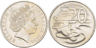 АВСТРАЛИЯ 20 ЦЕНТОВ 2000 ЕЛИЗАВЕТА II (1952-), УТКОНОС KM 403 медно-никель 4185-231