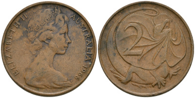 Австралия 2 цента 1966 Елизавета II (1952-), плащеносная ящерица KM 63 бронза 08-942