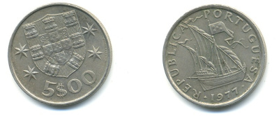 ПОРТУГАЛИЯ 5 ЭСКУДО 1977 ПАРУСНИК KM 591 медно-никель 176-256