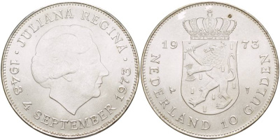 Нидерланды 10 гульденов 1973 25 лет правления королевы Юлианы KM 196 серебро aUNC 4537-624