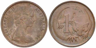АВСТРАЛИЯ 1 ЦЕНТ 1966 ЕЛИЗАВЕТА II, МОЛОДОЙ ПОРТРЕТ, ОПОССУМ KM 62 бронза 105-715
