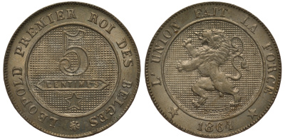 БЕЛЬГИЯ 5 САНТИМОВ 1864 BELGES KM 21 медно-никель UNC 02-264-67