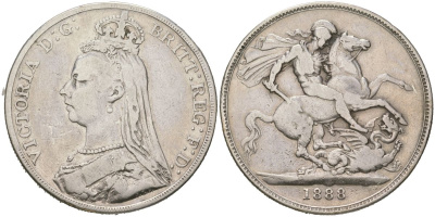Великобритания 1 крона 1888 Виктория (1837-1901), редкий год, тираж 131.800 экземпляров KM 765 серебро 441-1013