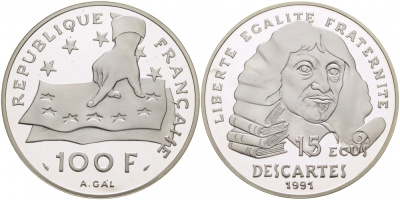 Франция 100 франков - 15 экю 1991 Декарт KM 1002 серебро PROOF 1074-6-63