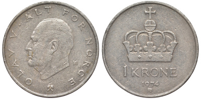 Норвегия 1 крона 1974 Олаф V KM 419 медно-никель 25-2151