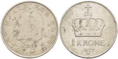 НОРВЕГИЯ 1 КРОНА 1977 ОЛАВ V KM 419 медно-никель 86-646