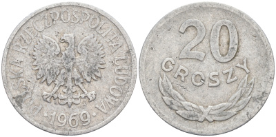 ПОЛЬША 20 ГРОШЕЙ 1969 MW KM А47 алюминий 106-437