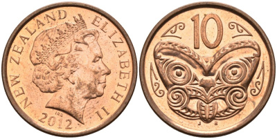 Новая Зеландия 10 центов 2012 маска Маори, Елизавета II (1952-) KM 117а сталь плакированная медью 68-316