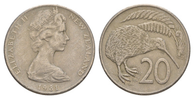 Новая Зеландия 20 центов 1981 Елизавета II (1952-2022), птичка киви KM 36.1 медно-никель 4182-1234