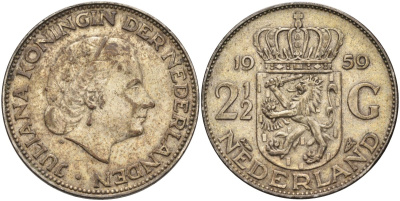 Нидерланды 2 1/2 гульдена 1959 Юлиана (1948-1980) KM 185 серебро 4131-1121
