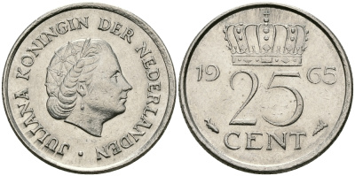 Нидерланды 25 центов 1965 Юлиана (1949-1980) KM 183 никель 96-161