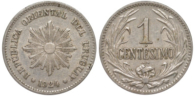 Уругвай 1 сентесимо 1924 KM 19 медно-никель 188-468