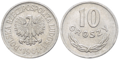 ПОЛЬША 10 ГРОШЕЙ 1961 MW KM AA47, Parchimowicz 206a алюминий XF 4181-132