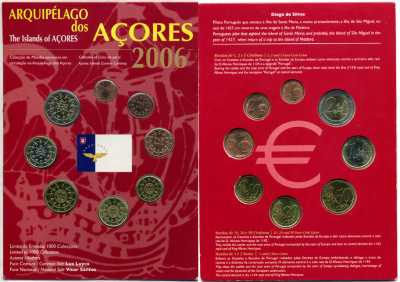 Португалия евронабор из 8 монет 2006 серия Португальские территории, архипелаг Азорские острова, в красивом буклете, официальный выпуск BUNC 7-4-1-7