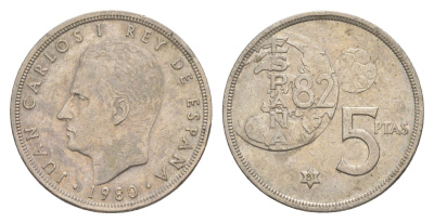 Испания 5 песет 1980 (81) Хуан Карлос I (1975-2014), чемпионат мира по футболу 1982 года в Испании KM 817 медно-никель 4650-123