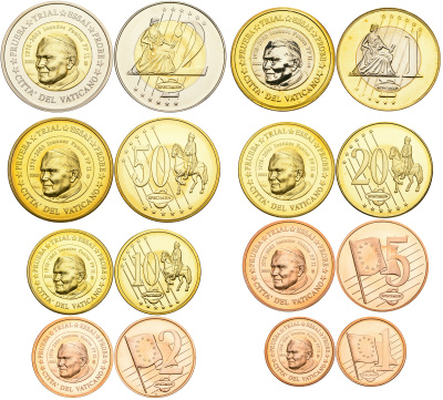 Ватикан набор из 8 монет 2003 probe, essai, европробники большого формата, в капсулах и буклете, Иоанн Павел II (1978-2003) PROOF 3-6-4-42