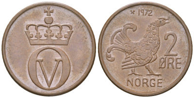 Норвегия 2 эре 1972 глухарь, Улаф V (1958-1991) KM 410 бронза UNC 3955-256